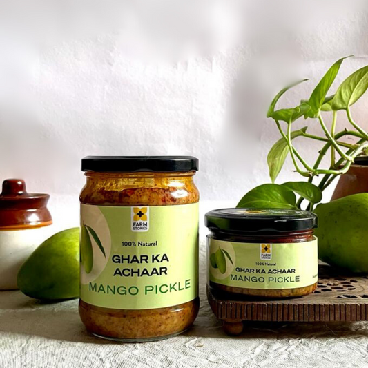 Mango Pickle bottle with mango, piclle jar and plants 